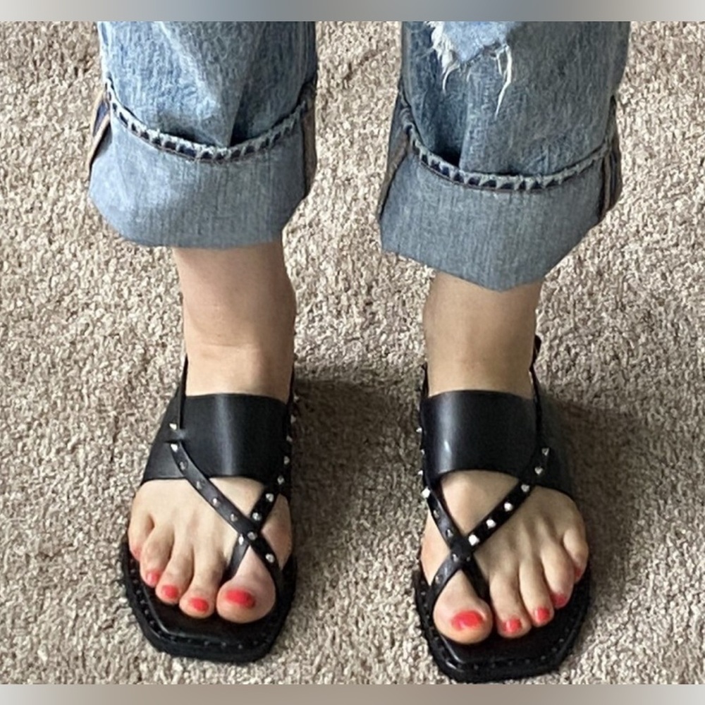 Avellini Black Leather Sandals Studded Sandals Size 38EU/ US 8